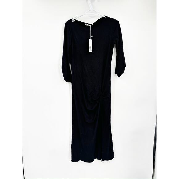 Reformation Belmont Black Ribbed Knit Gathered 3/4 Sleeve Midi Dress Size M NWT - Picture 4 of 7
